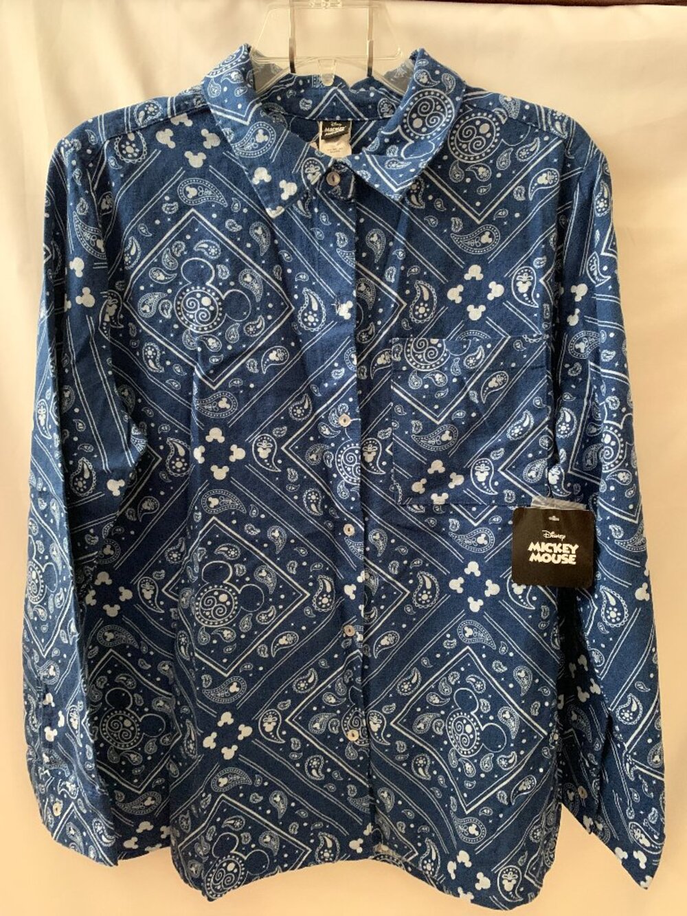 DISNEY Mickey Mouse Paisley Button Up Linen Blend Shirt in Navy Sz LARGE